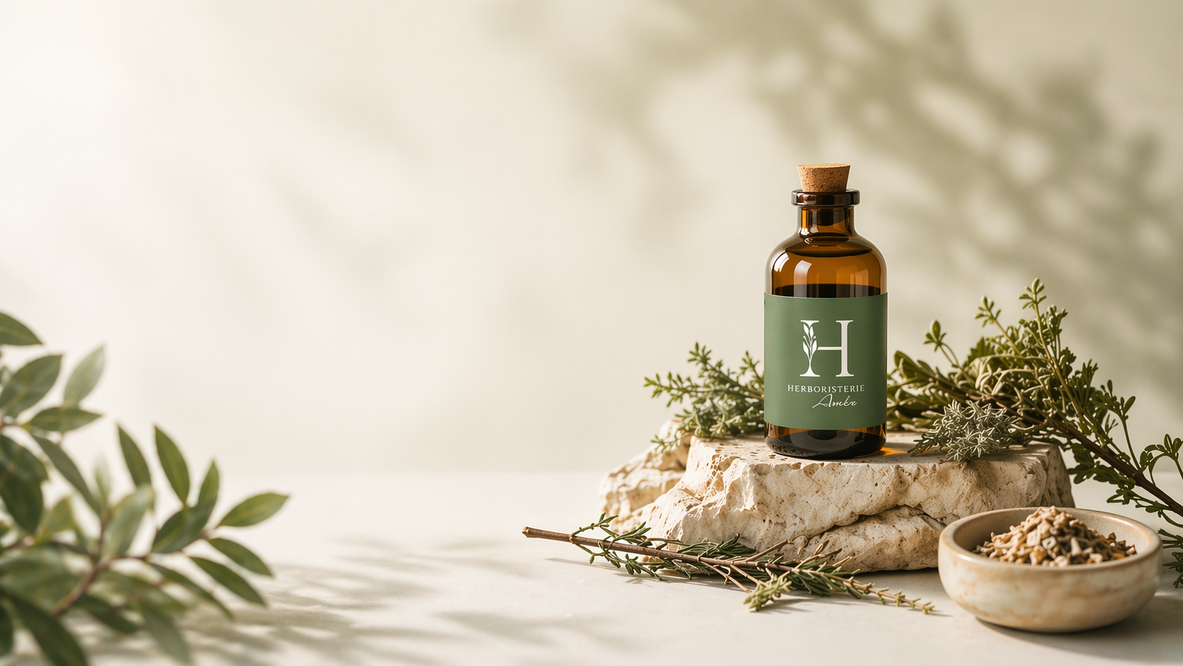 Flacon Herboristerie Ambre sur pierre naturelle entouré d'herbes